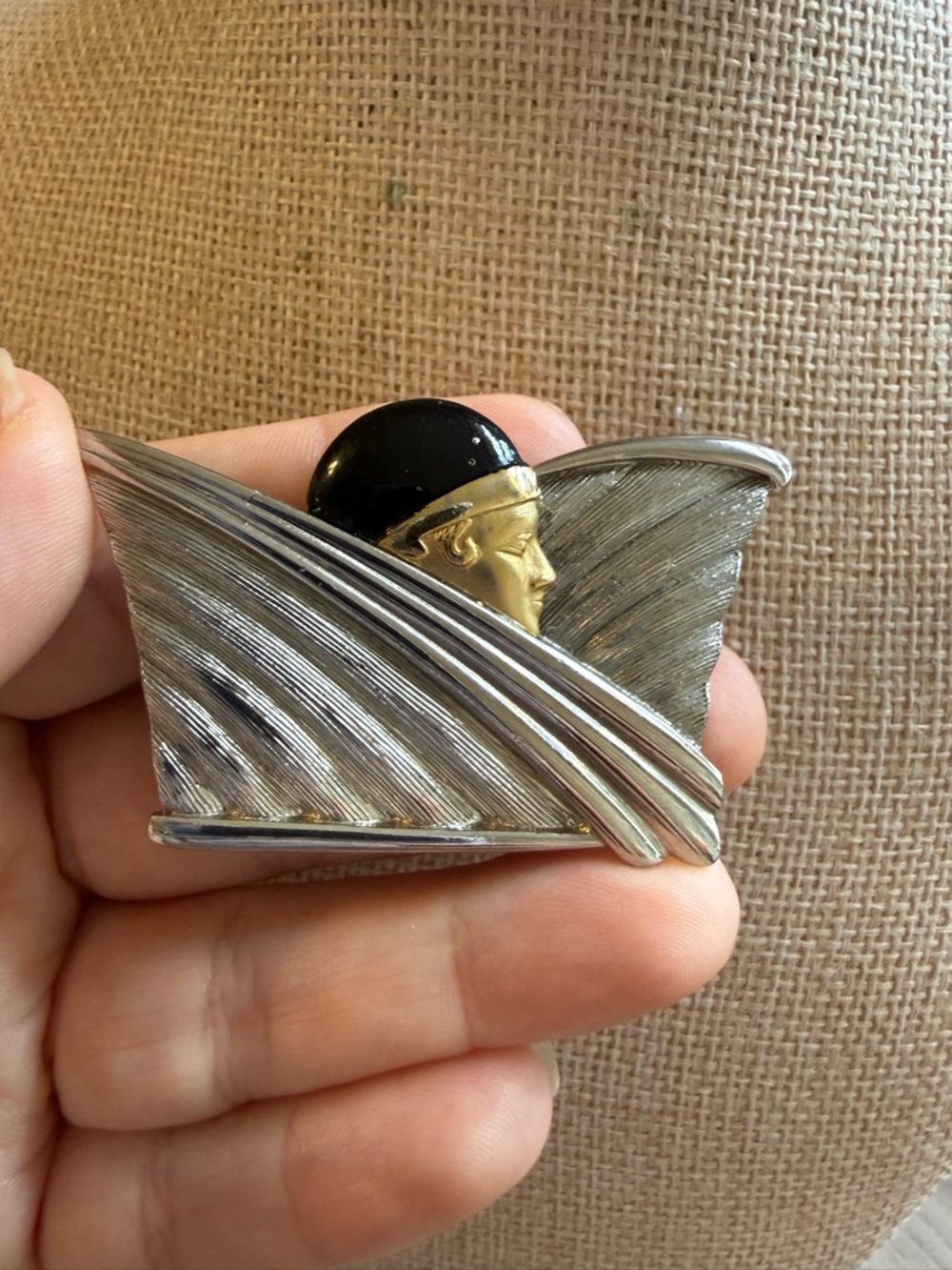 Art Deco Silver & Gold Egyptian Revival Figural Brooch with Black Enamel